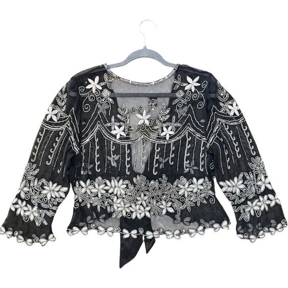 Papell Boutique Evening Jacket Women’s Small Silk Beaded Sheer Embroidered Fairy - Picture 2 of 13